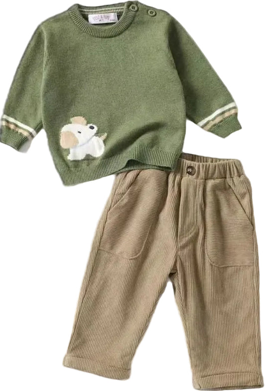 Completo 2 Pezzi Bimbo – Pull Ricamato + Pantaloni a Costine (3–18 Mesi)