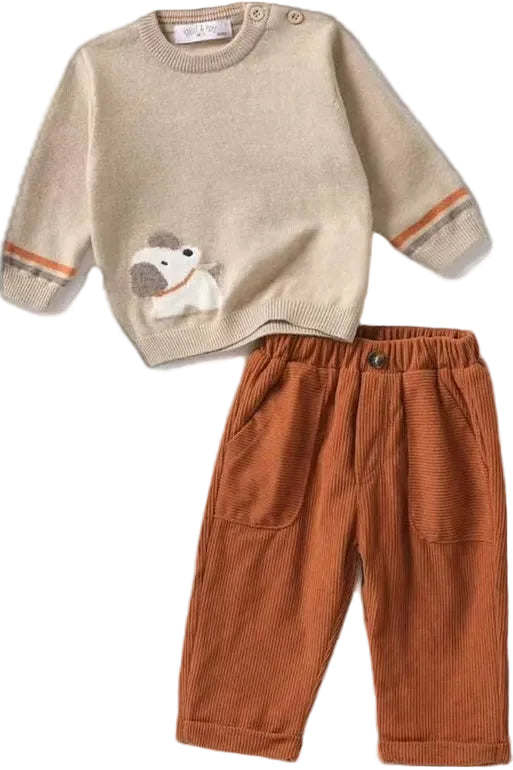 Completo 2 Pezzi Bimbo – Pull Ricamato + Pantaloni a Costine (3–18 Mesi)