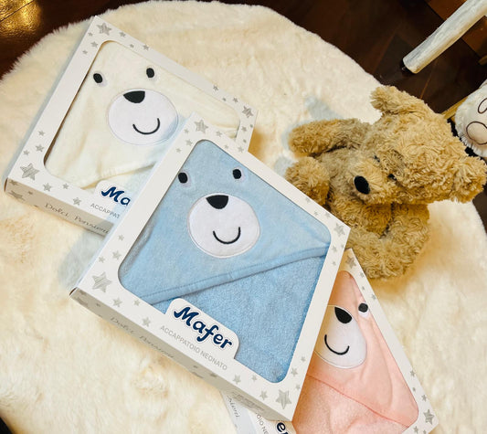 Accappatoio Neonato con Cappuccio Orsetto – 75×75 cm