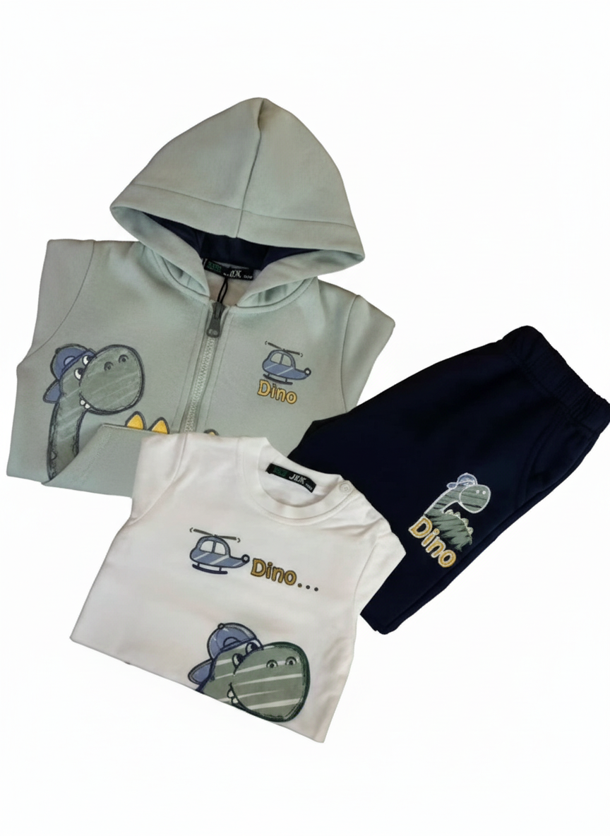 Completo 3 Pezzi Bimbo Dino (1–3 Anni) – Felpa, T-Shirt e Pantalone