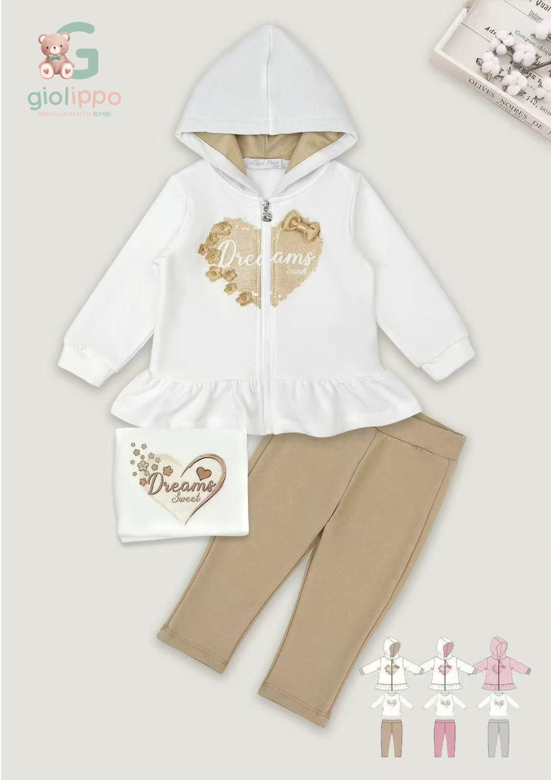 Completo 3 Pezzi Bimba con Cappuccio (12–36 Mesi) – Felpa, Maglia e Pantalone