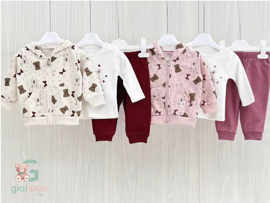 Completo 3 Pezzi Bimba con Cappuccio e Orsetti (3–18 Mesi) – Felpa, Maglietta e Pantalone