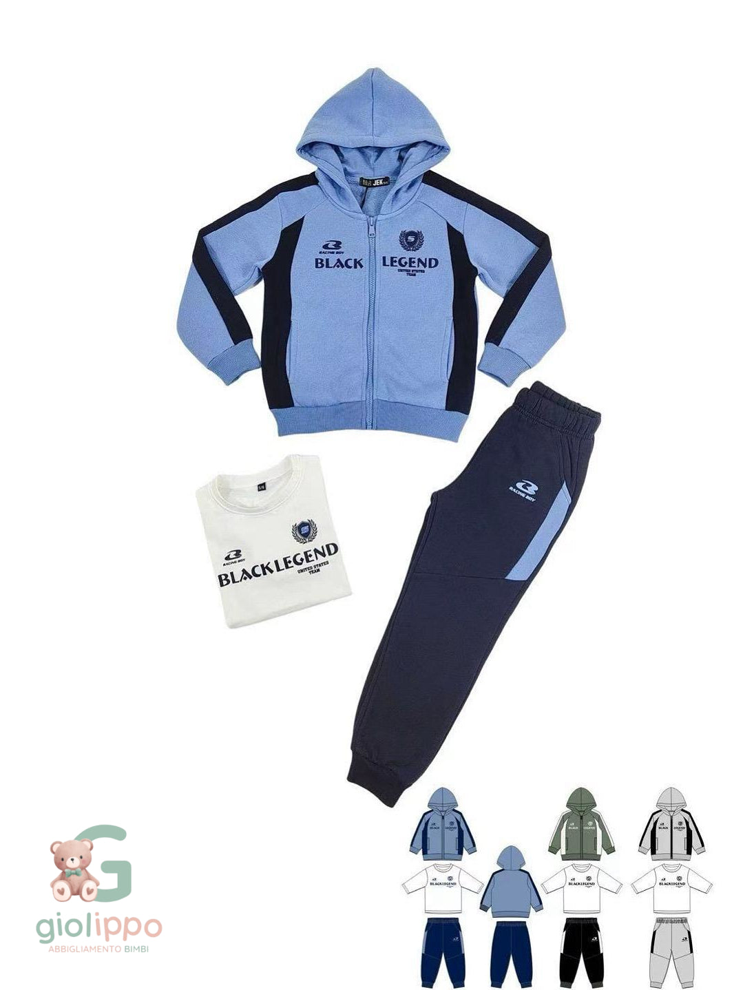 Completo 3 Pezzi Bimbo BLACK LEGEND (3–8 Anni) – Felpa, T-Shirt e Pantalone Sportivo