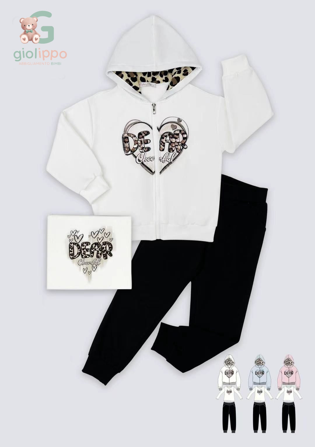 Completo 3 Pezzi Bimba – Felpa cappuccio + maglia + pantalone  (4–12 Anni)