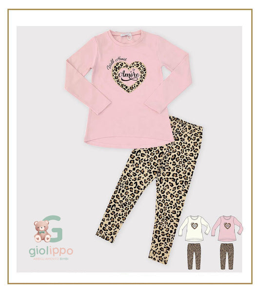 Completo 2 Pezzi Bimba – Maglia “Amore” + Leggings Leopardati (4–12 Anni)