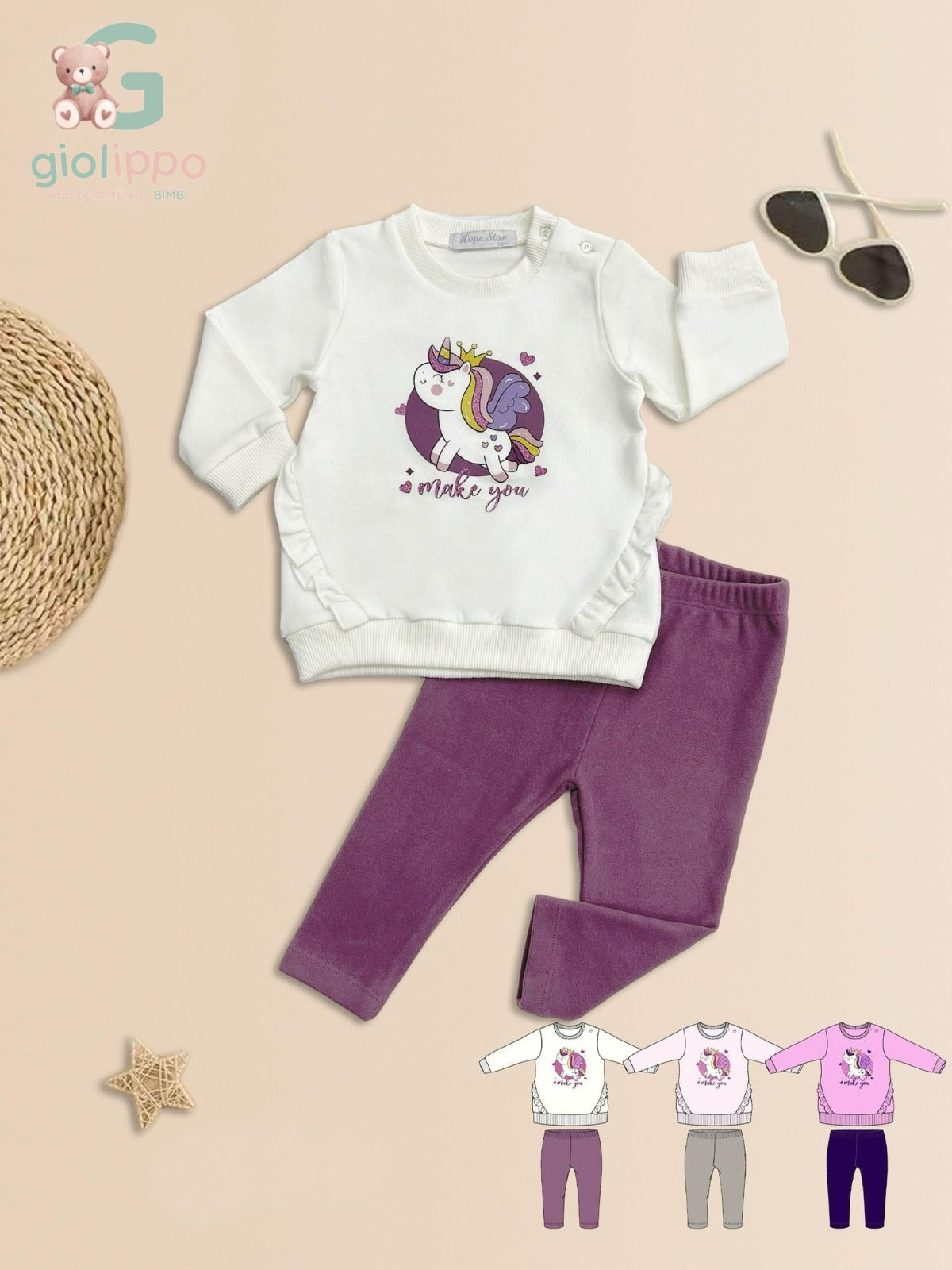 Completo 2 Pezzi Bimba – Maglia Unicorno + Pantaloni in Ciniglia (3–18 Mesi)