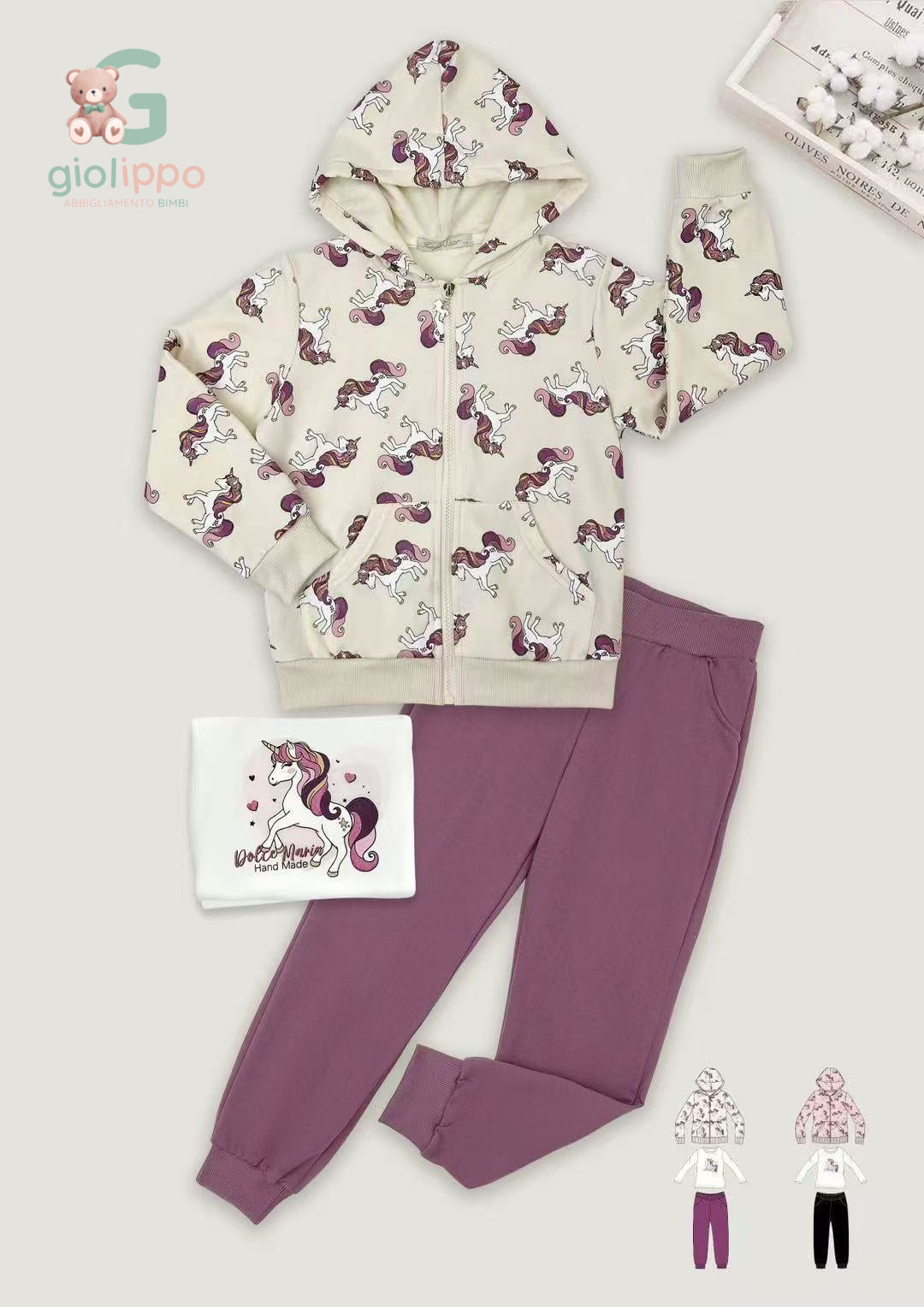 Completo 3 Pezzi Bimba – Felpa cappuccio + maglia + pantalone (3–8 Anni)