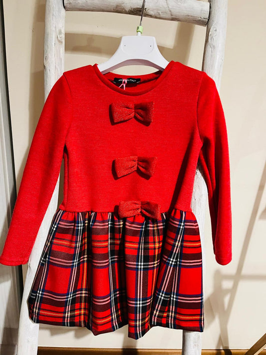 Vestito Rosso Scozzese con Fiocchi – 3/7 Anni